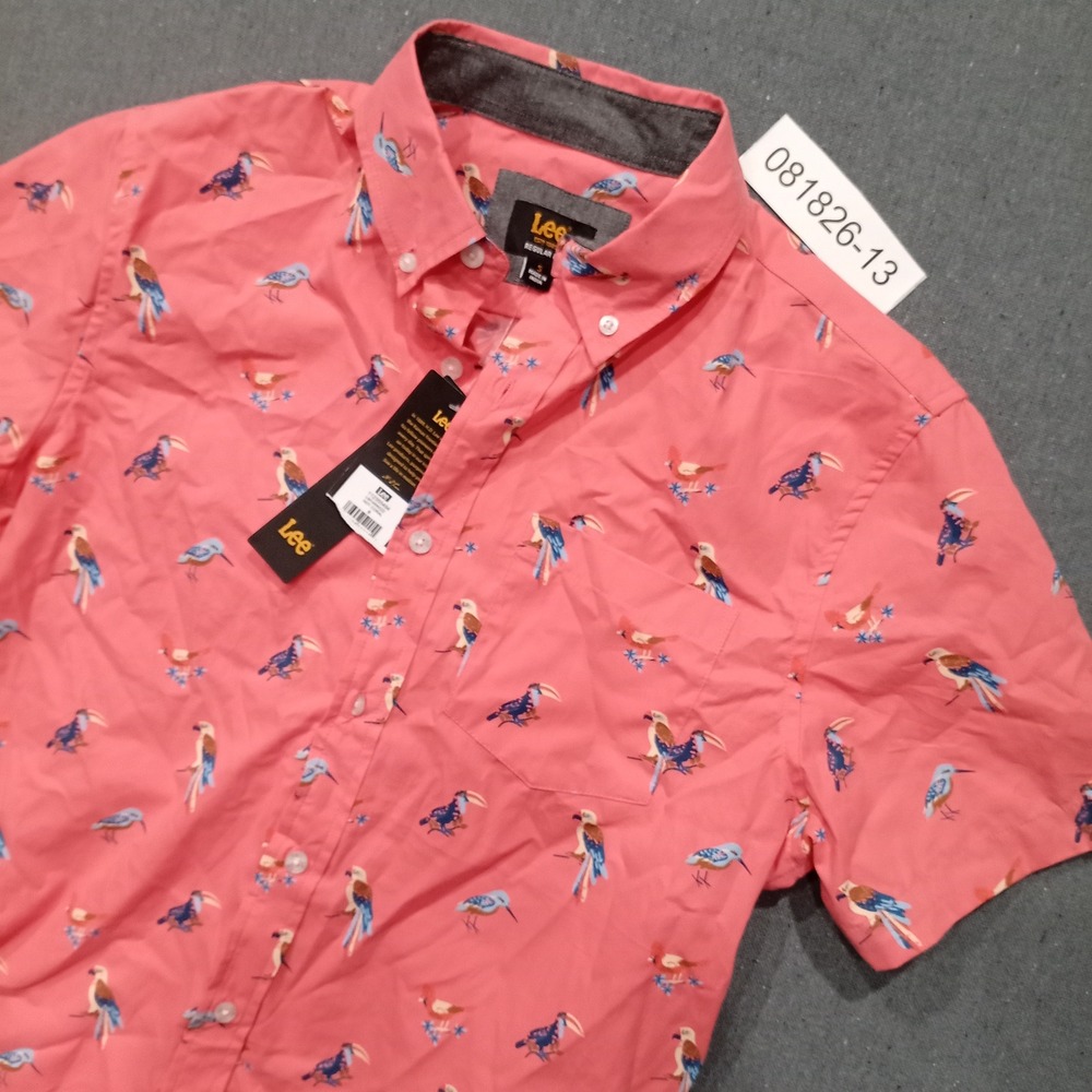 Lee Mens Hot Coral Tropical Bird Print Short Sleeve Button Down Shirt LM14SW222